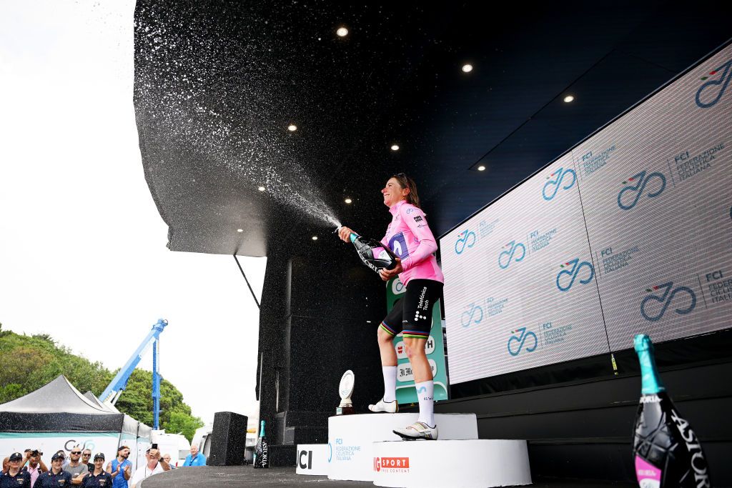 ALASSIO ITALY JULY 06 Annemiek Van Vleuten of The Netherlands and Movistar Team Pink Leader Jersey celebrates at podium during the 34th Giro dItalia Donne 2023 Stage 7 a 1091km stage from Albenga to Alassio Santuario della Guardia 551m UCIWWT on July 06 2023 in Alassio Italy Photo by Dario BelingheriGetty Images
