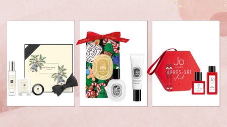 A collage of Perfume gift sets from Jo Malone London, Diptyque and Jo Loves, pictured on white backgrounds and in a pink watercolour paint-style template