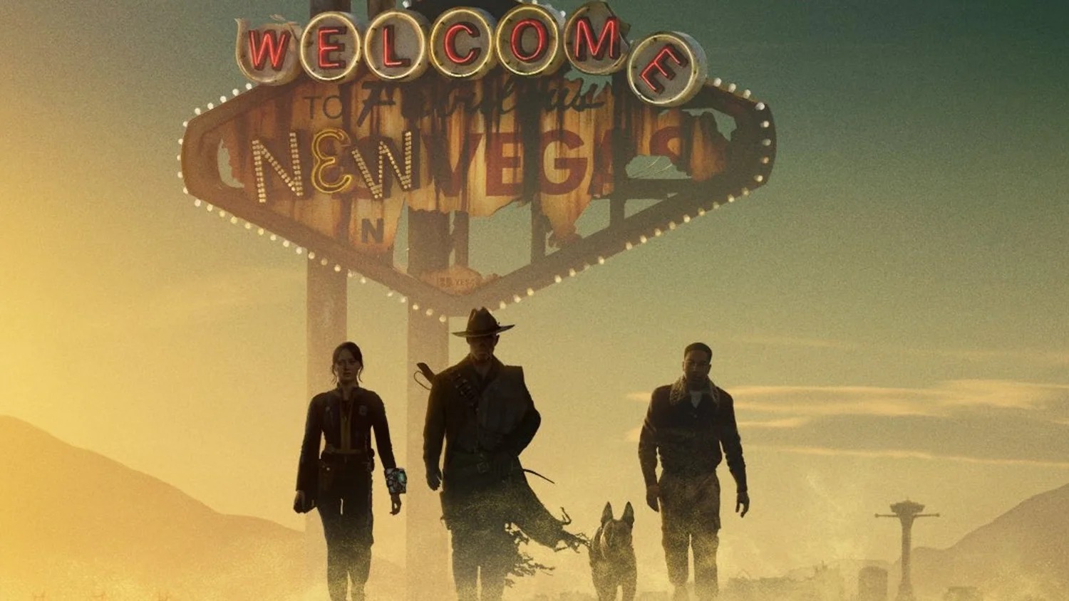 three figures and a dog walk below a rusted sign