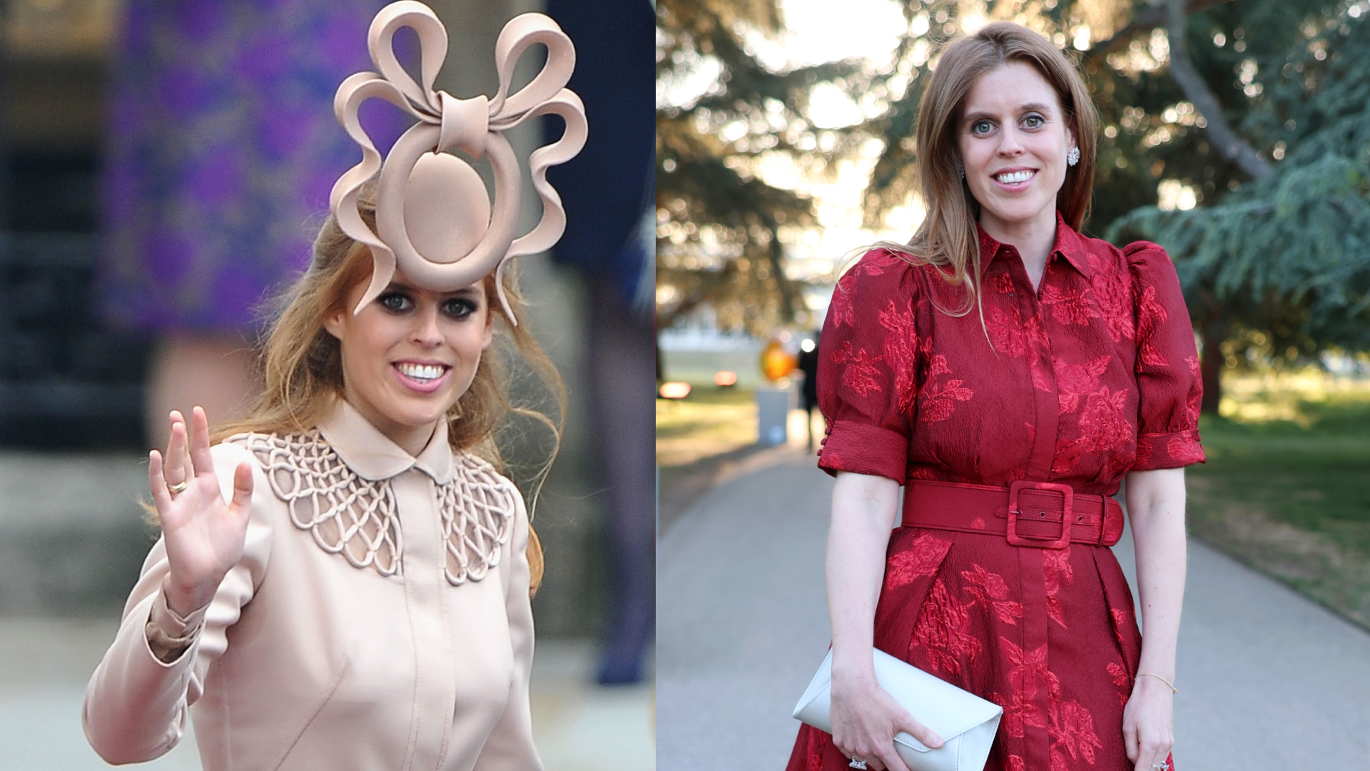 Princess Beatrice wearing a pink hat and coat waving; Princess Beatrice wearing a red short sleeve dress