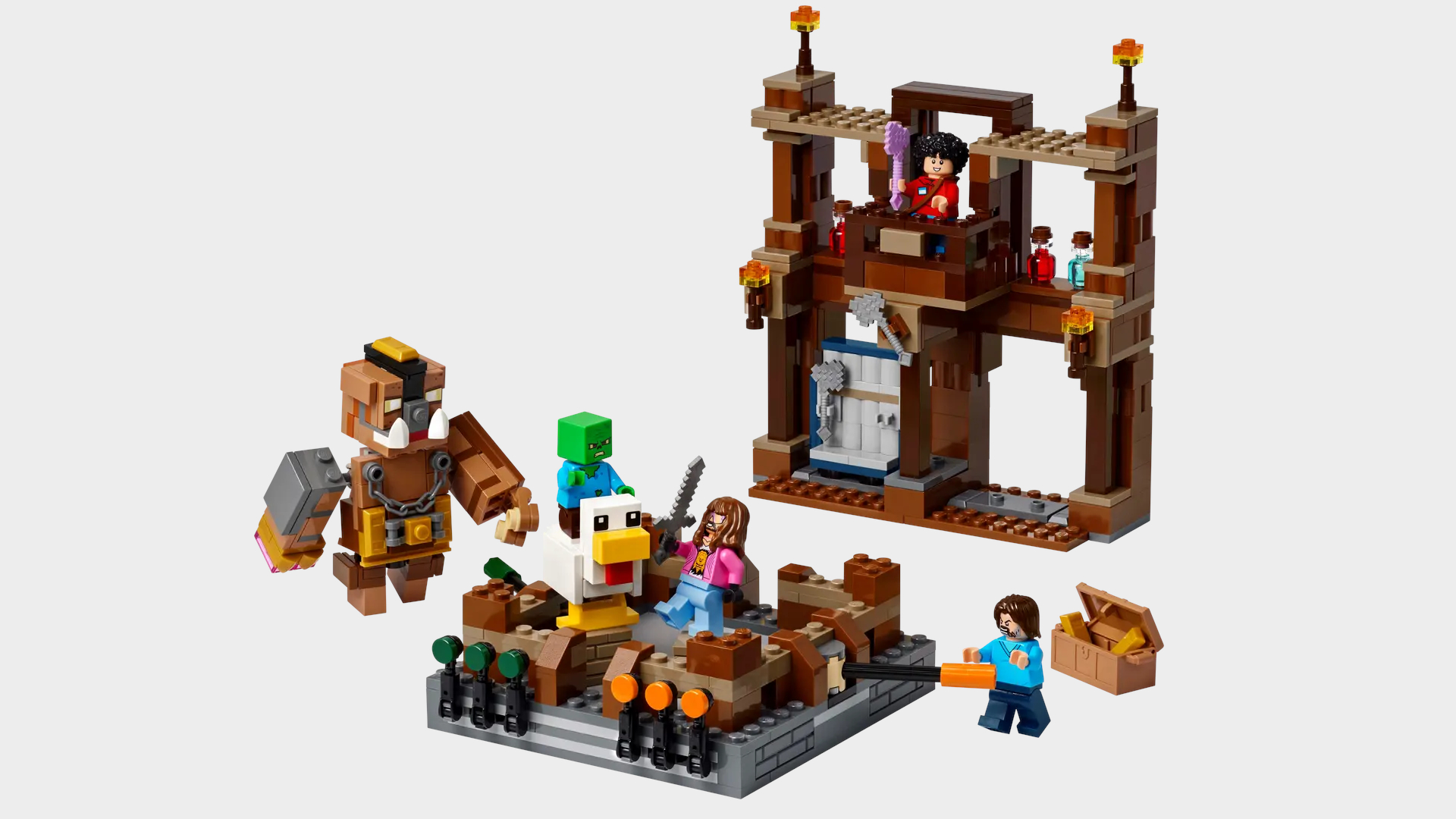 Lego Woodland Mansion facade and fighting ring, with minifigures inside