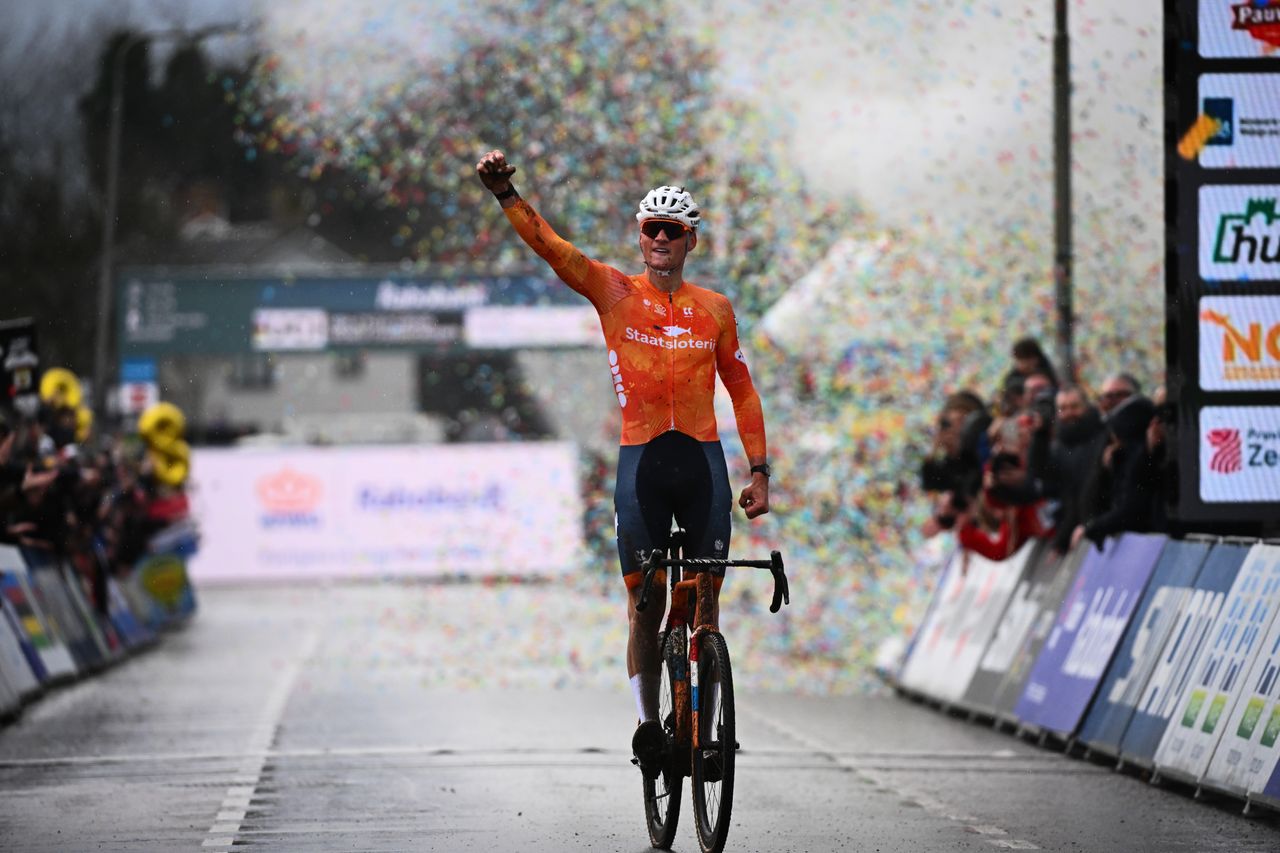Mathieu van der Poel celebrates winning the 2026 Cyclo-cross World Championships