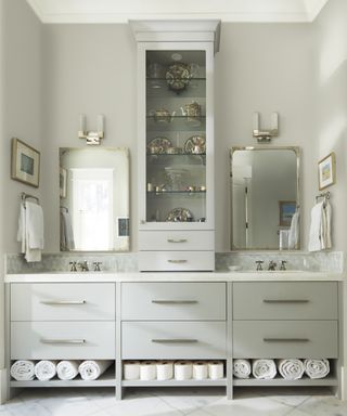 Neutral bathroom with a gray vanity