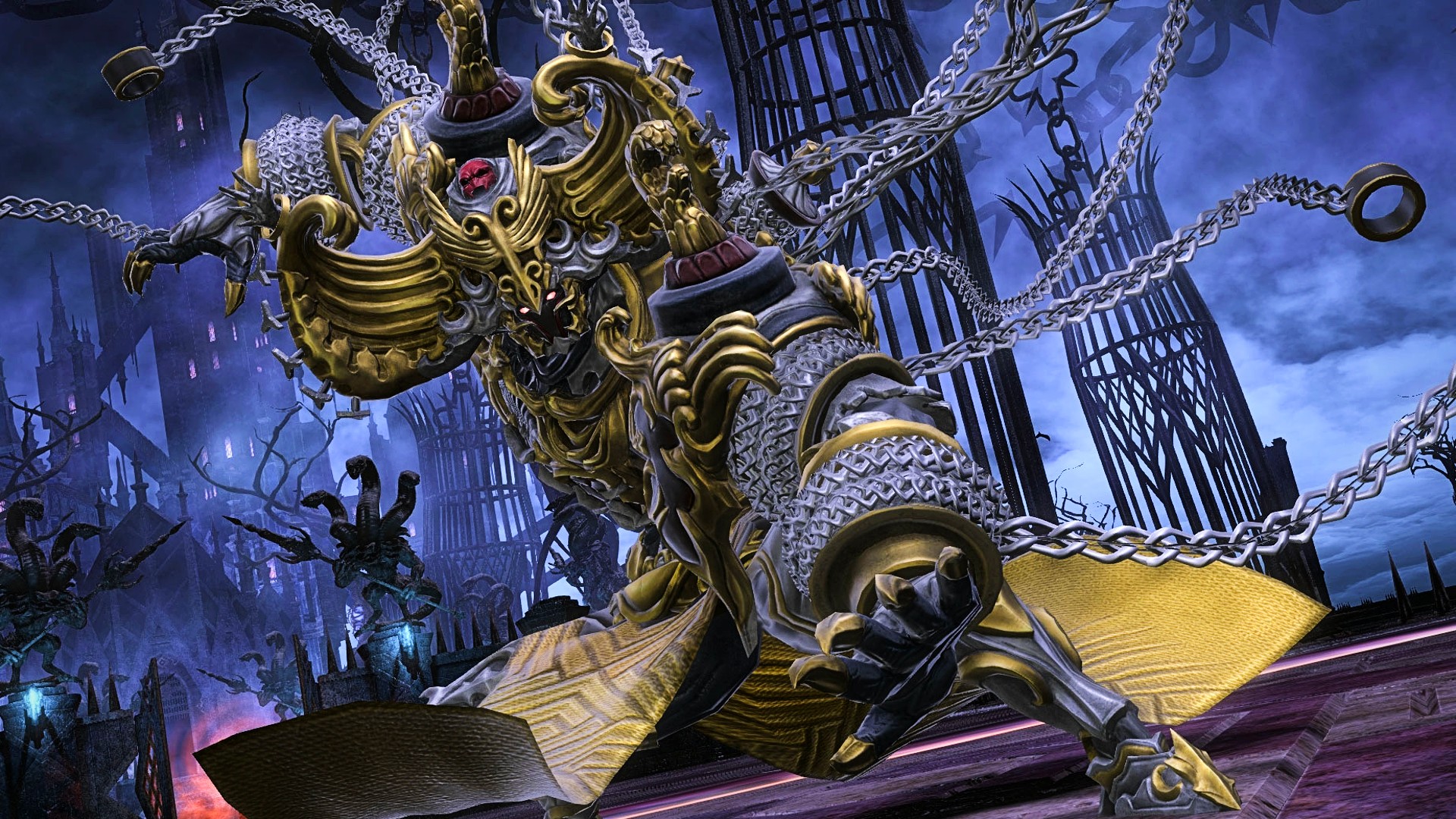 One of the bosses of Final Fantasy 14's Endwalker raid swings a chain at the opponent