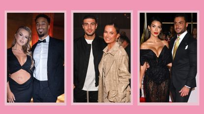 Love Island Couples Faye Winter and Teddy Soares, Tommy Fury and Molly-Mae Hague and Ekin-Su Culculoglu and Davide Sanclimenti in a pink template