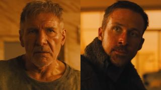 From left to right: A side by side of Harrison Ford and Ryan Gosling in Blade Runner 2049.