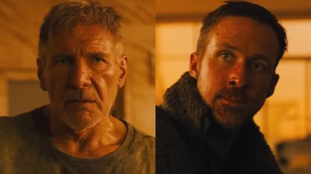 From left to right: A side by side of Harrison Ford and Ryan Gosling in Blade Runner 2049.