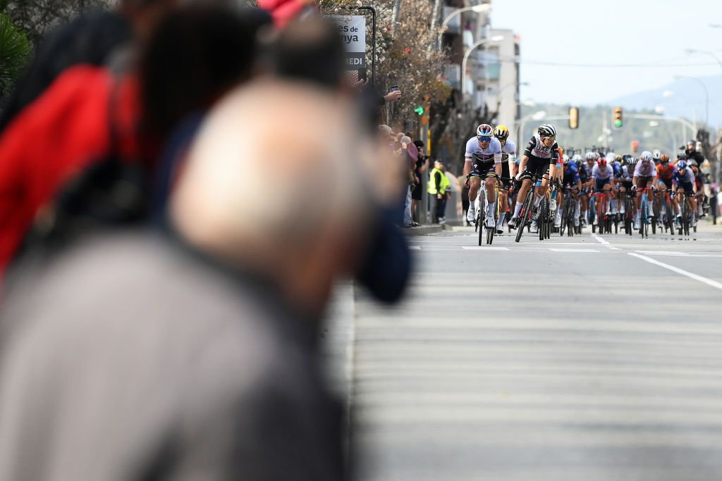 MOLINS DE REI SPAIN MARCH 25 LR Remco Evenepoel of Belgium and Team Soudal QuickStep Yellow Best Young Rider Jersey Primoz Roglic of Slovenia and Team JumboVisma Green Leader Jersey and Marc Soler of Spain and UAE Team Emirates sprint at the Intermediated sprint during the 102nd Volta Ciclista a Catalunya 2023 Stage 6 a 1741km stage from Martorell to Molins de Rei UCIWT on March 25 2023 in Molins de Rey Spain Photo by David RamosGetty Images