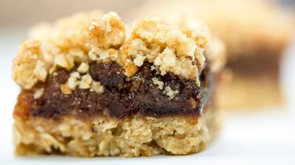 Date flapjacks close up showing the layer or dates in the centre