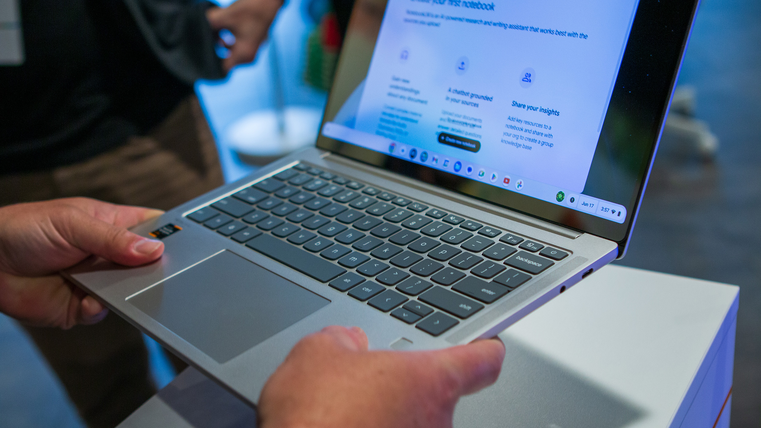 Lenovo Chromebook Plus 14 in-hand testing deck flex