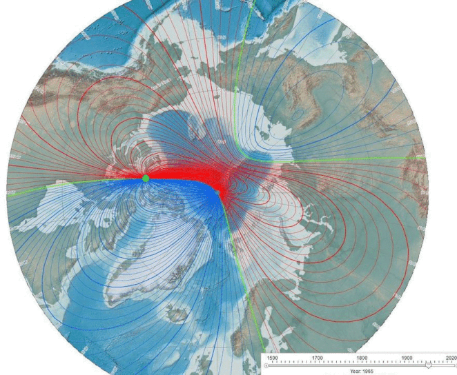 This animation shows movement of the magnetic north pole over the past 50 years.