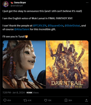 A post that reads: "I just got the okay to announce this (and I still can't believe it's real!) I am the English voice of Wuk Lamat in FINAL FANTASY XIV! I can' thank the people at @FF_XIV_EN , @SquareEnix , @SideGlobal , and of course @AtlasTalent for this incredible gift. I'll see you in Tural!🦁"