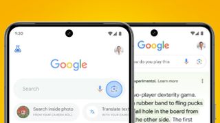 Two phones on an orange background showing Google Lens