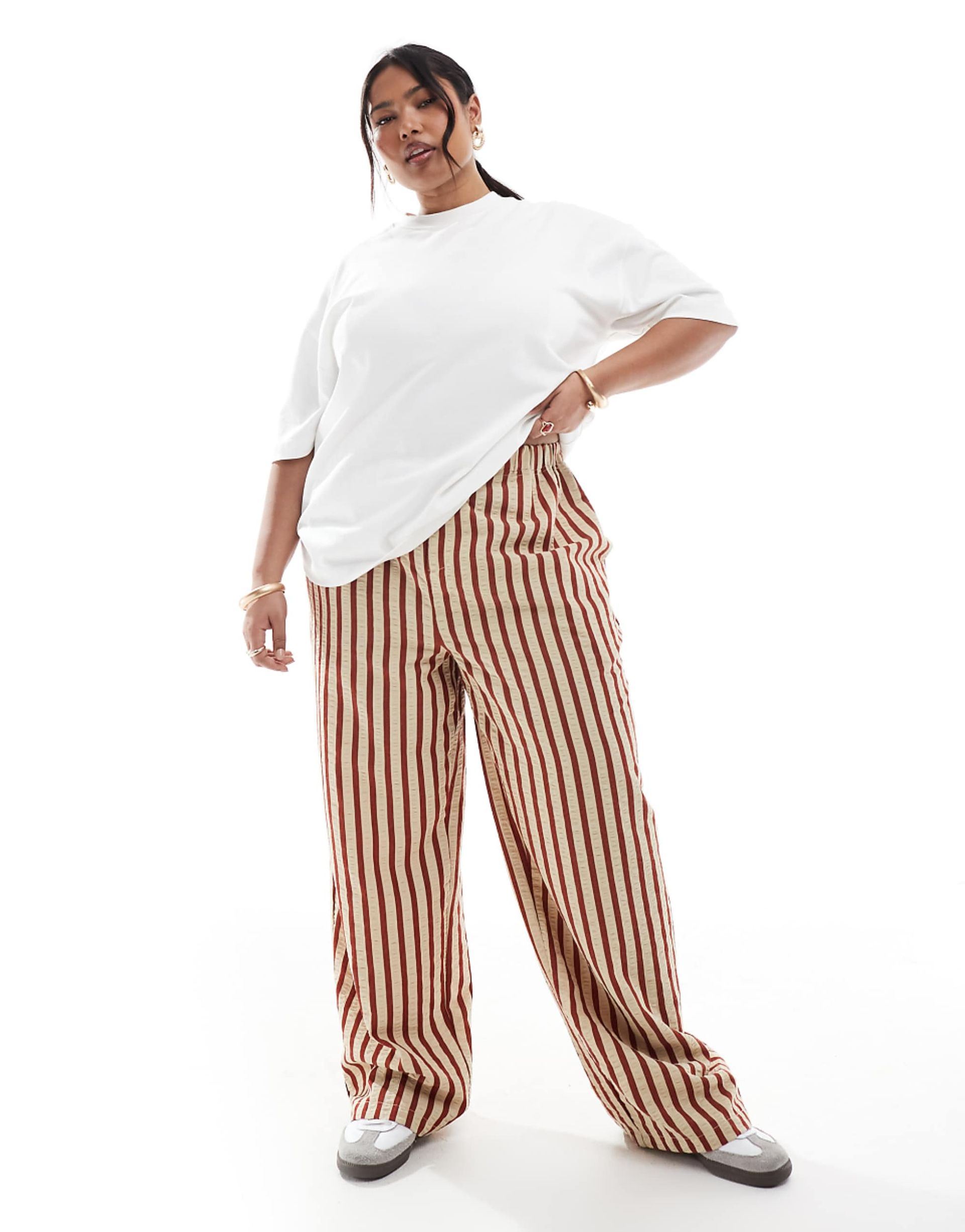 Asos Design Curve Straight Leg Seersucker Pants in Rust Stripe