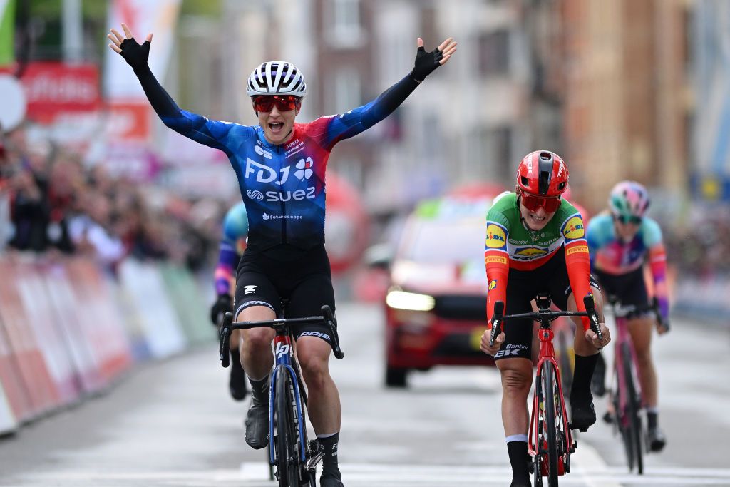 LIEGE BELGIUM APRIL 24 EDITORS NOTE Alternate crop LR Grace Brown of Australia and Team FDJ Suez celebrates at finish line as race winner ahead of Elisa Longo Borghini of Italy and Team Lidl Trek during the 8th Liege Bastogne Liege Femmes 2024 a 1529km one day race from Bastogne to Liege UCIWWT on April 24 2024 in Liege Belgium Photo by Dario BelingheriGetty Images