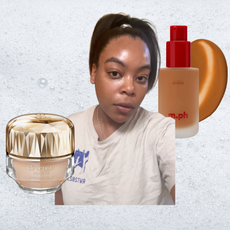 A woman with glowing skin and a ponytail hairstyle next to three bottles of foundation