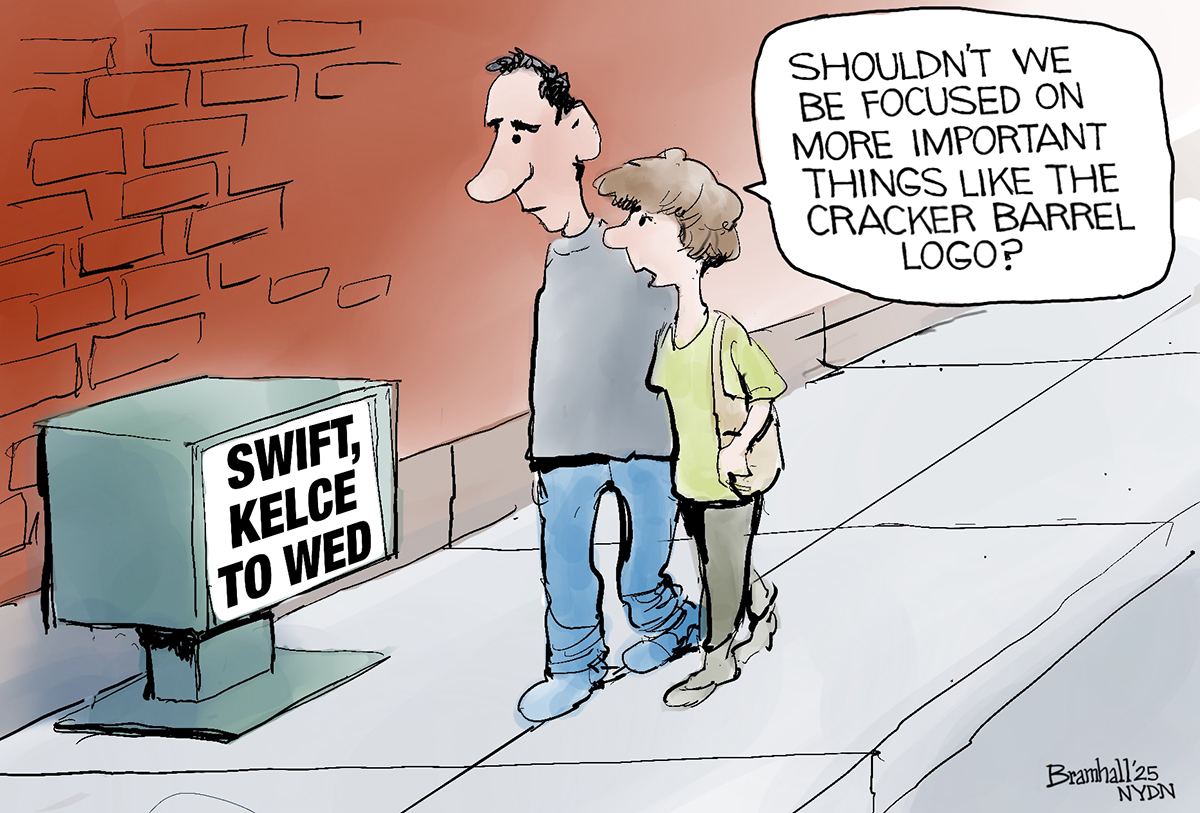A man and a woman walk past a newspaper box in this cartoon. The paper in the box reads, &amp;ldquo;Swift, Kelce to wed&amp;rdquo;. The woman says, &amp;ldquo;Shouldn&amp;rsquo;t we be focused on more important things like the cracker barrel logo?&amp;rdquo;