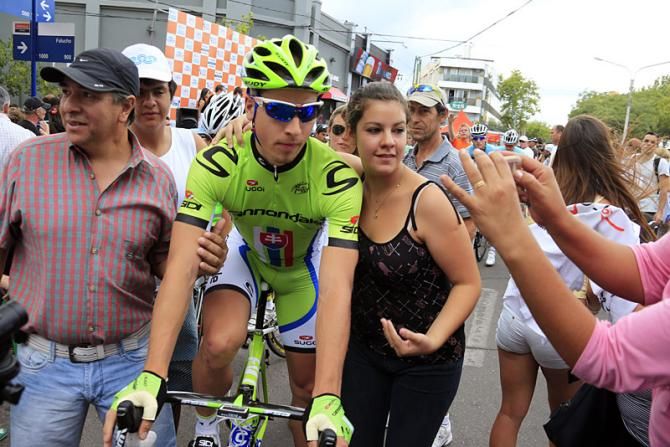 Peter Sagan (Cannondale Pro Cycling) poses with a fan.