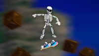 A screenshot of roguelike Megabonk. A skeleton wearing sunglasses performs a trick on a skateboard. In the blurry background, wooden crates fly off into the distance.
