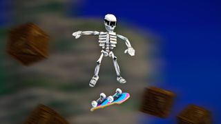 A screenshot of roguelike Megabonk. A skeleton wearing sunglasses performs a trick on a skateboard. In the blurry background, wooden crates fly off into the distance.