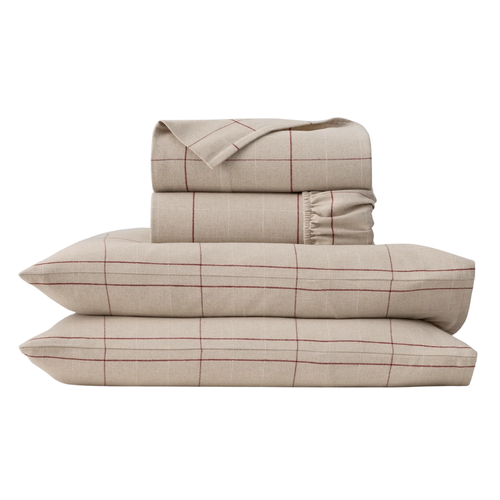 Flannel Sheet Set in Heathered Oatmeal & Holly Windowpane