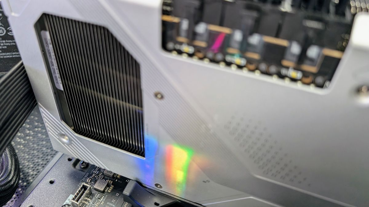 Gigabyte Radeon RX 9070 XT Gaming OC Ice 16GB installed in a test bench close up