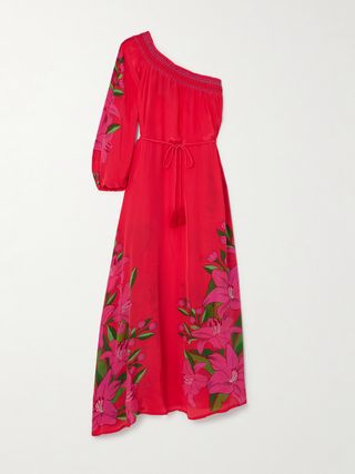 One-Shoulder Belted Gathered Floral-Print Satin Maxi Dress