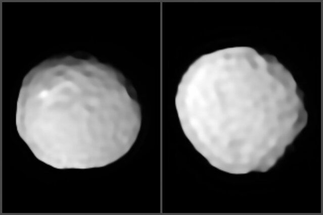 A pair of images show two views of Pallas with its pock-marked surface.