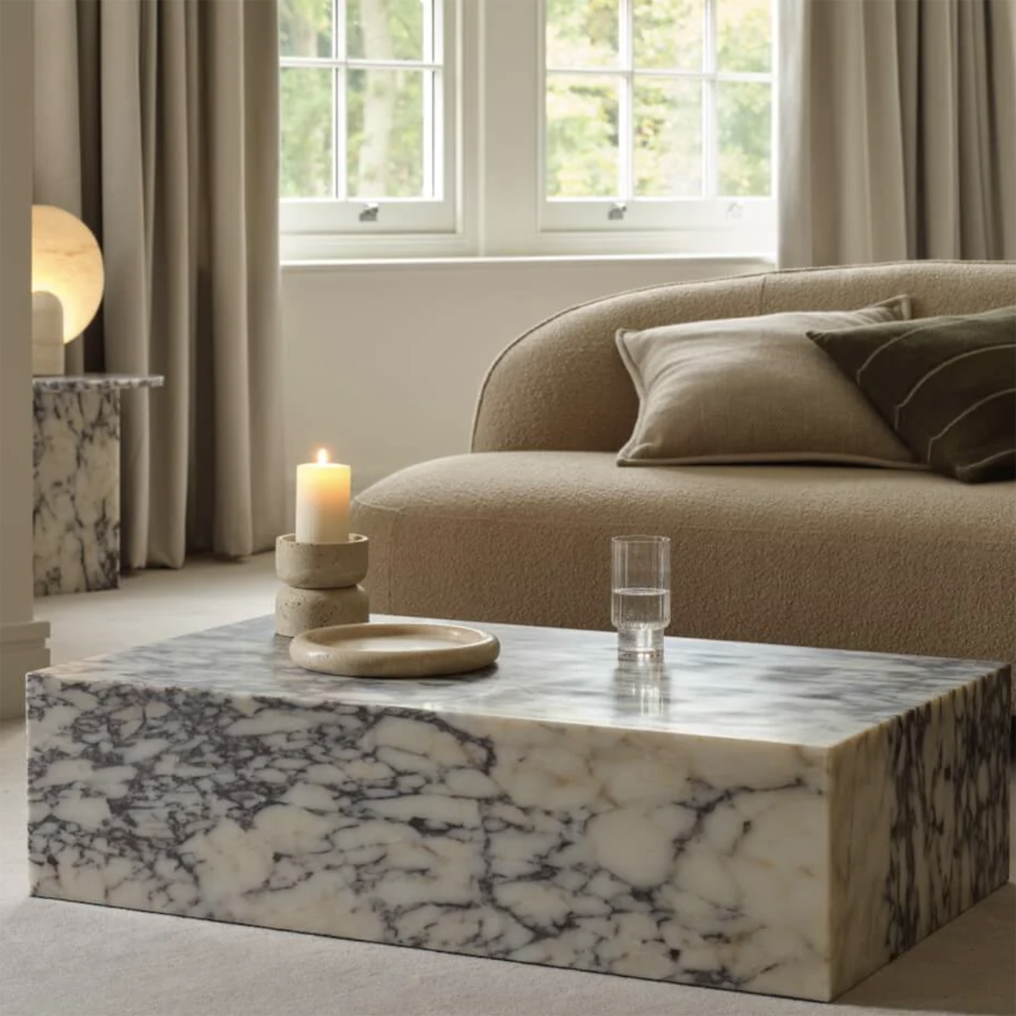 marble coffee table in a minimalist room