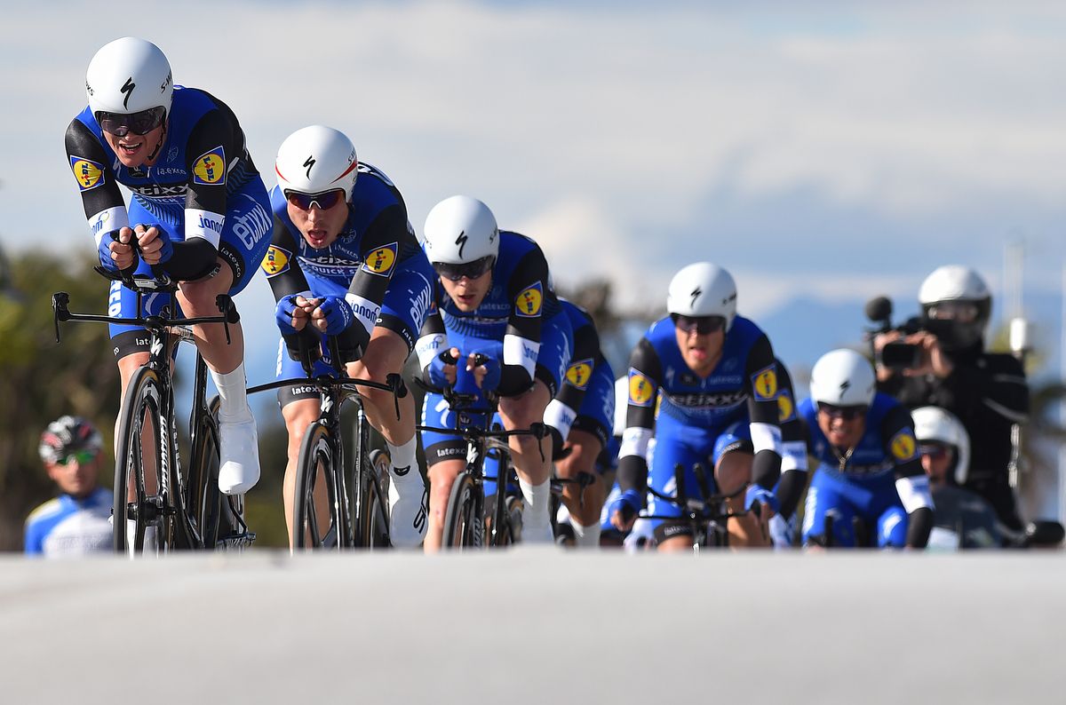 Etixx-Quick Step powering over a short rise during the team time trial