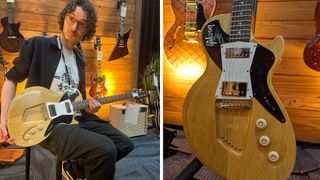 [Left] GuitarWorld.com Editor in Chief Mike, holding the Gibson Custom Shop Atomic Age offset, [right] a close-up of the guitar's body