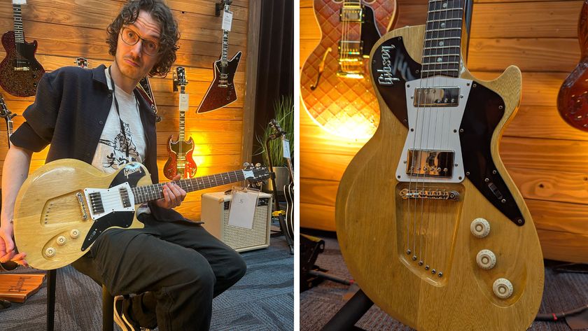 [Left] GuitarWorld.com Editor in Chief Mike, holding the Gibson Custom Shop Atomic Age offset, [right] a close-up of the guitar's body