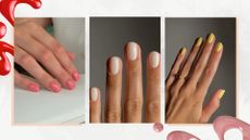 On the left is a picture of a hand with short coral-pink nails by nail artist and educator Fliss Alton (@gelsbyfliss), followed by a close-up picture of a hand with short cream nails by nail artist Mateja Novakovic (@matejanova). And finally, on the right is another close-up of a hand with yellow almond nails, also by nail artist Mateja. All featured in a white template with red and pink nail polish spills.
