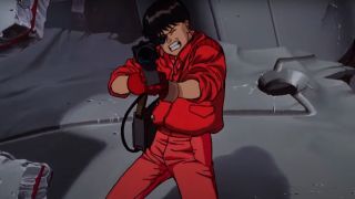 Kaneda aims the laser targeting gun at the camera in Akira.