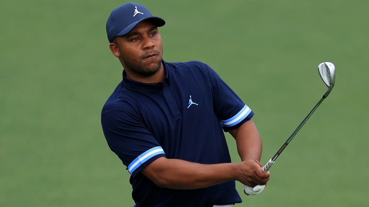 Harold Varner III plays a shot during a practice round before the 2022 Masters