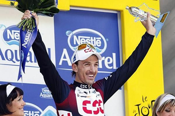 Fabian Cancellara also gets to enjoy the stage win on the podium.