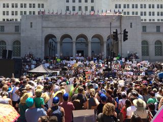 Some 50,000 people signed up online to participate in the March for Science in Los Angeles, but event organizers estimate that more people are actually in attendance.