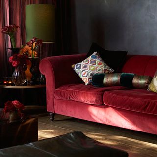 living room with red sofa designed cushion and flower vase