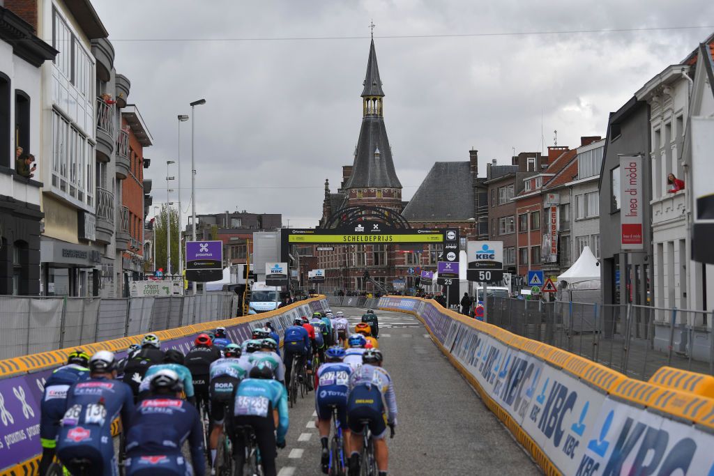 SCHOTEN BELGIUM APRIL 07 The Peloton passing through Schoten City during the 109th Scheldeprijs 2021 Mens Elite a 1942km race from Terneuzen to Schoten SP21 FlandersClassic on April 07 2021 in Schoten Belgium Photo by Luc ClaessenGetty Images
