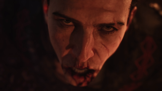 A bloody vampire does a Kubrick stare.