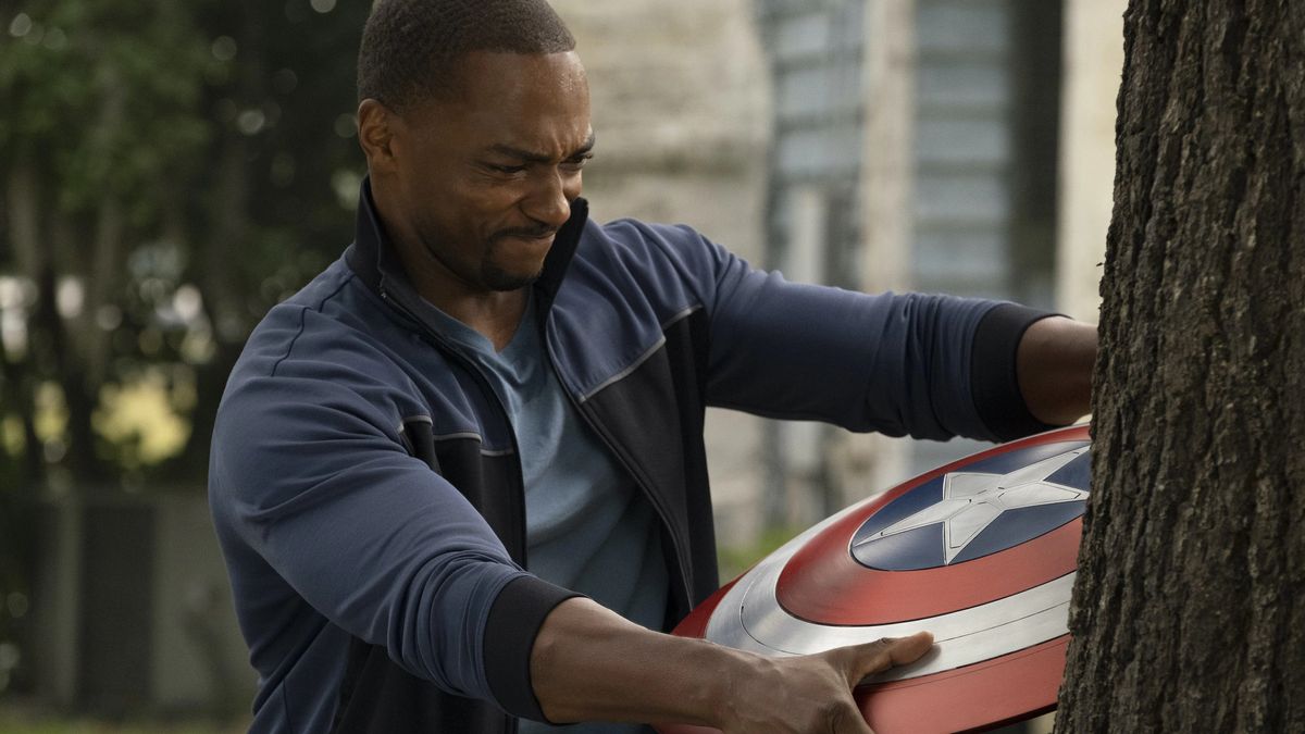 Sam Wilson struggled with the Shield as it is stuck in a tree.