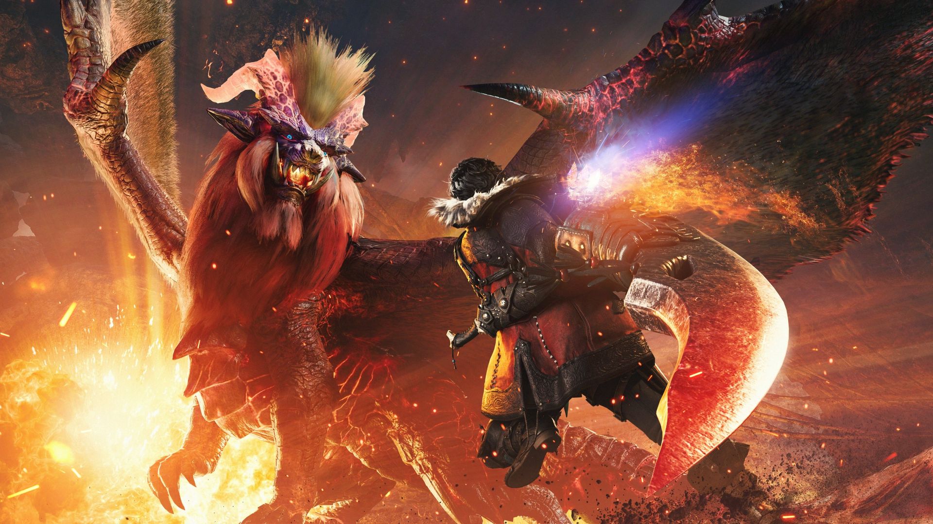 A hunter launching towards a Teostra in Monster Hunter Wilds: Ascendance.
