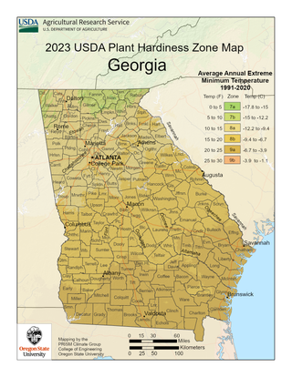 USDA Hardiness Zone Map for Georgia