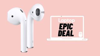 AirPods 2 earbuds in white colorway against pink background