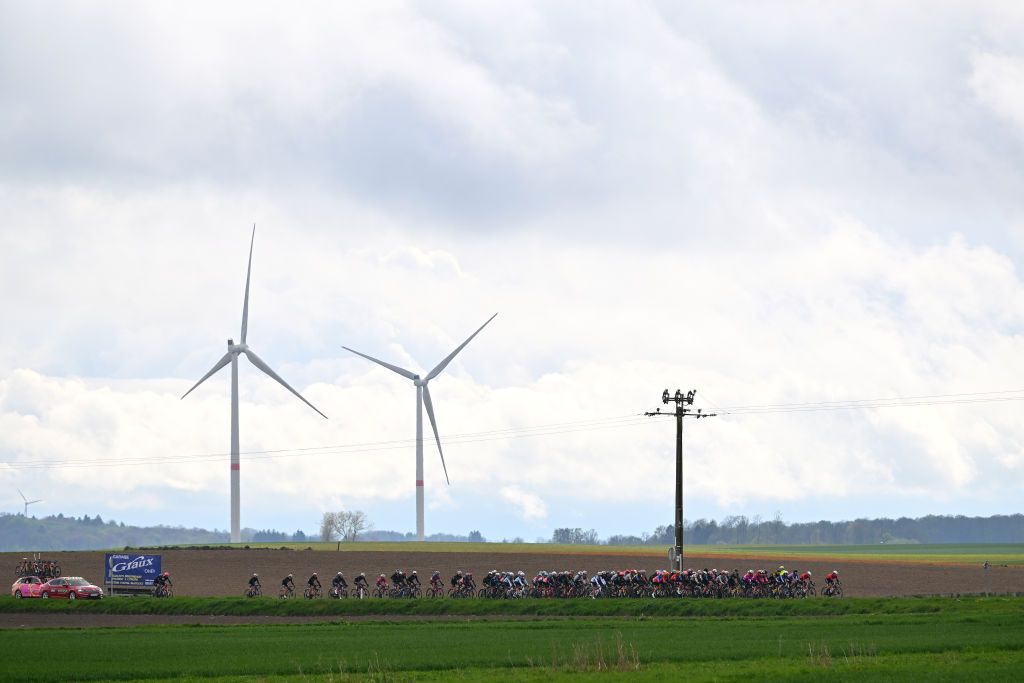 HUY BELGIUM APRIL 17 A general view of the peloton passing through a landscape during the 27th La Fleche Wallonne Feminine 2024 a 146km one day race from Huy to Huy UCIWWT on April 17 2024 in Huy Belgium Photo by Luc ClaessenGetty Images