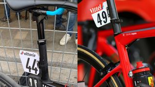 A close up of Matej Mohoric's dropper post at the 2022 Milan San Remo next to an image of Danilo Wyss' dropper post from the 2017 Tour de France