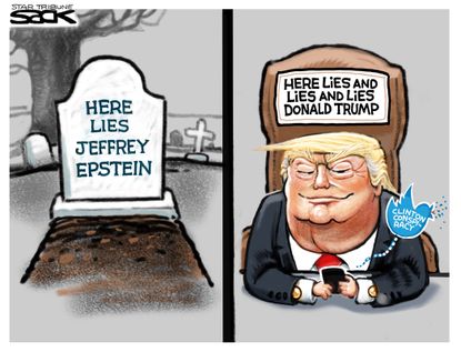 Political Cartoon Here Lies Epstein Trump Tweets