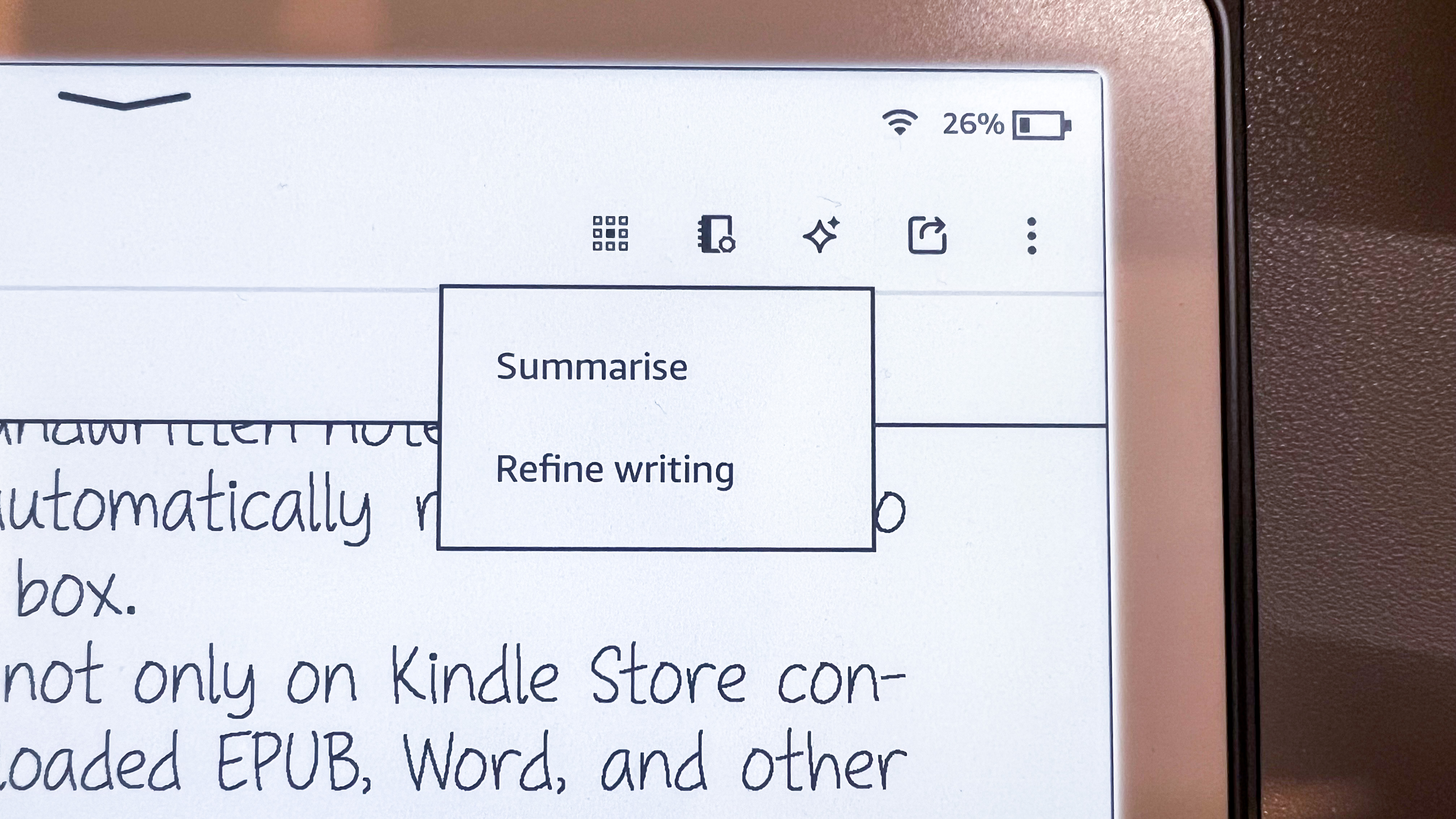 The two AI features listed on the screen of the Amazon Kindle Scribe (2024)