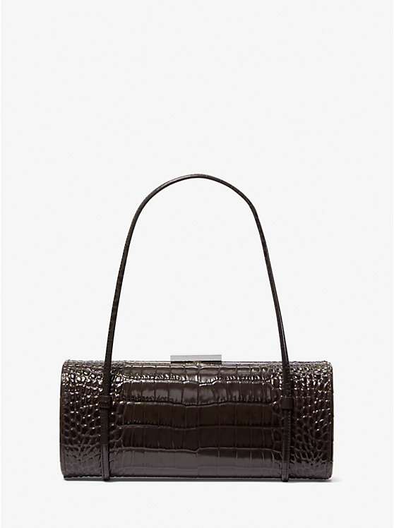 Natalie Crocodile Embossed Patent Leather Barrel Bag