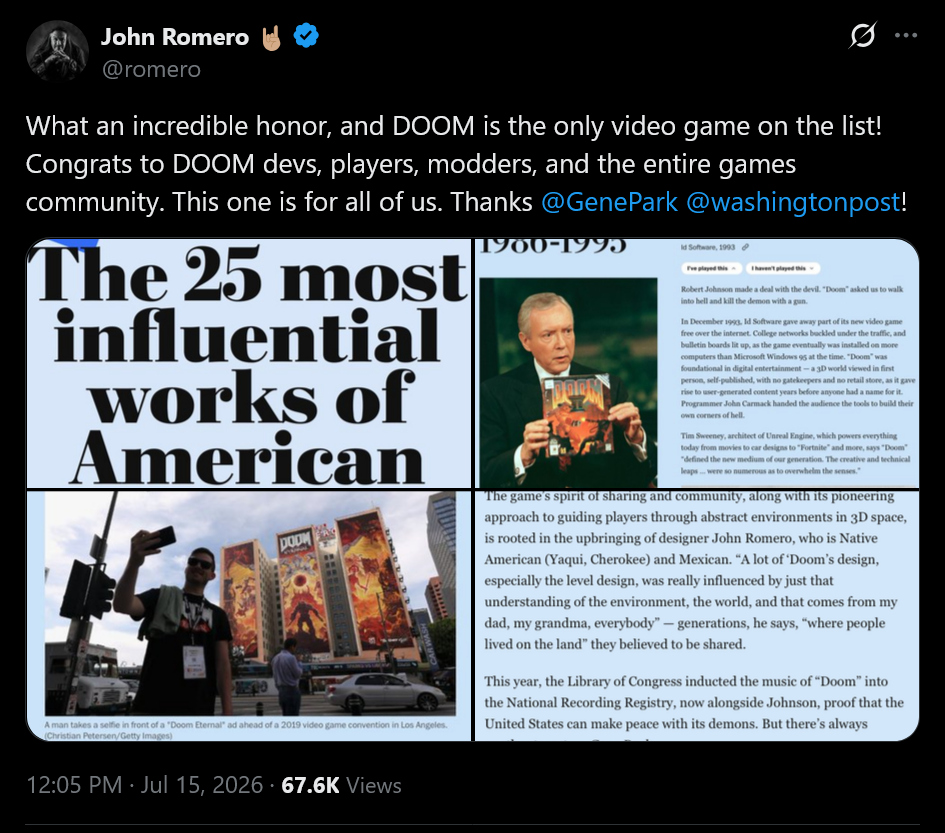 What an incredible honor, and DOOM is the only video game on the list! Congrats to DOOM devs, players, modders, and the entire games community. This one is for all of us. Thanks @GenePark @washingtonpost!
